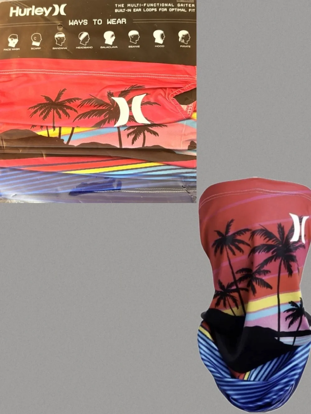 Hurley Multi-Functional Neck Gaiter Face Mask Tropical Sunset Palm Trees Small